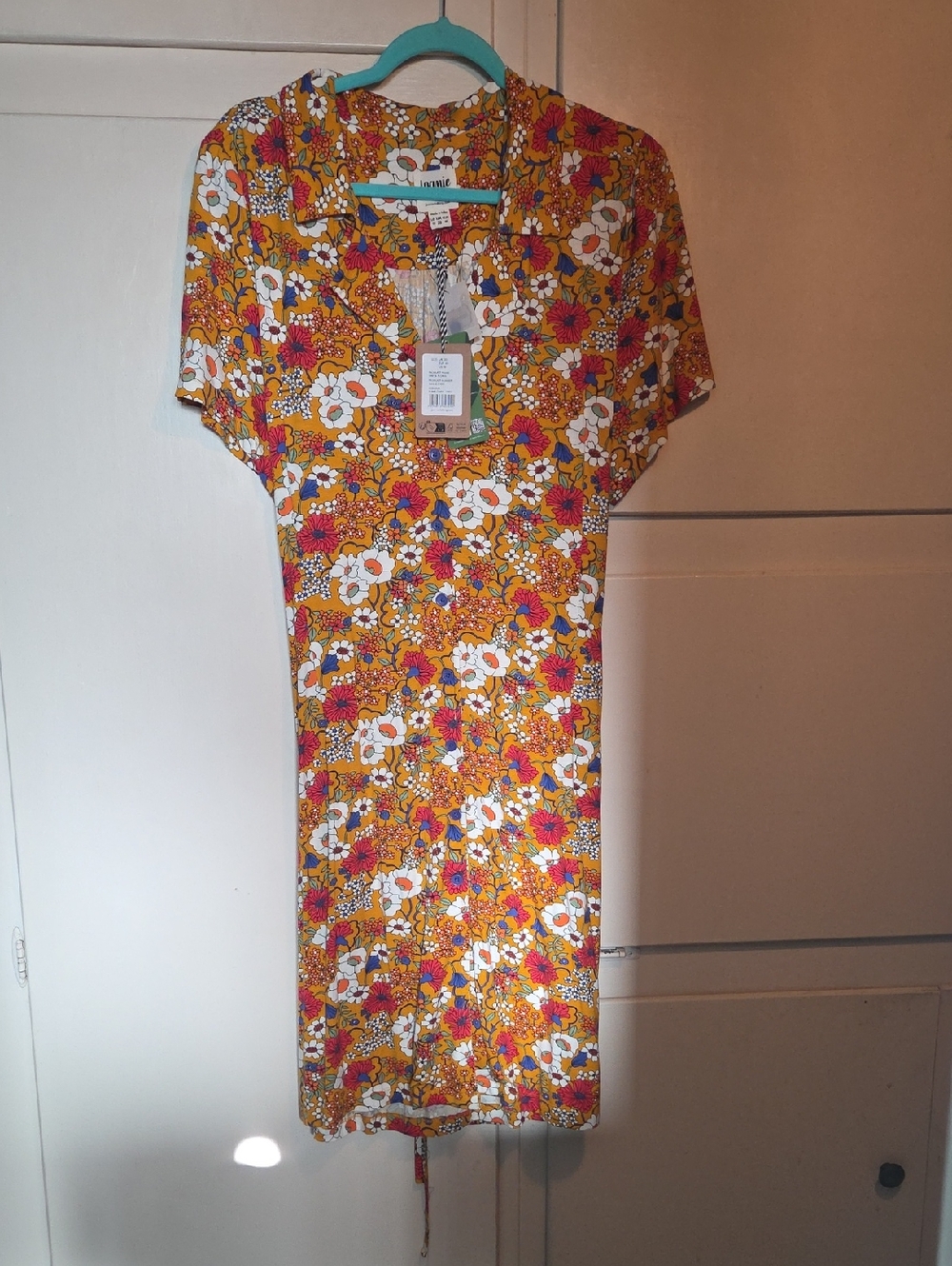 Women's Mustard Floral Midi Dress with Short Sleeves